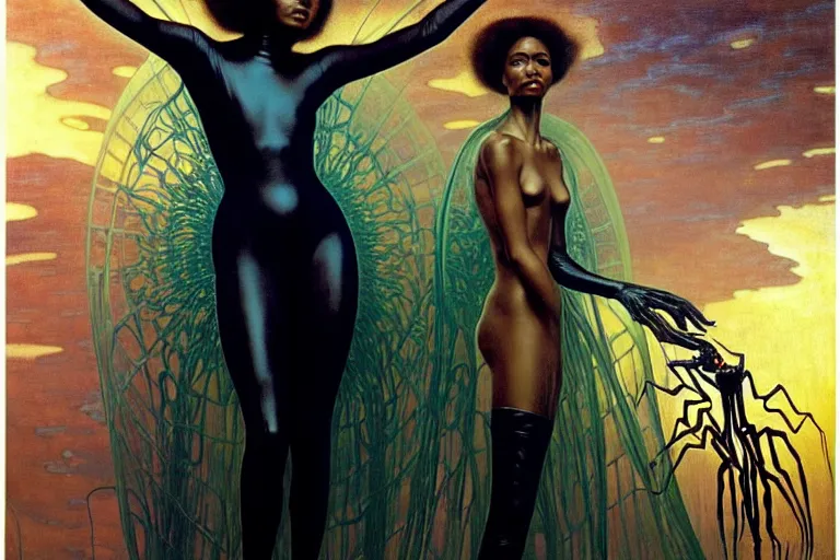 Image similar to realistic detailed portrait movie shot of a beautiful black woman in a transparent sheer suit raincoat dancing with a giant spider, futuristic sci fi landscape background by denis villeneuve, jean delville, monia merlo, ernst haeckel, alphonse mucha, max ernst, caravaggio, roger dean, sci fi necklace, masterpiece, dreamy, rich moody colours