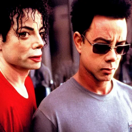 Image similar to michael jackson as tylor durden and tom hanks as narrator in the movie fight club, photo, still frame, cinematic.