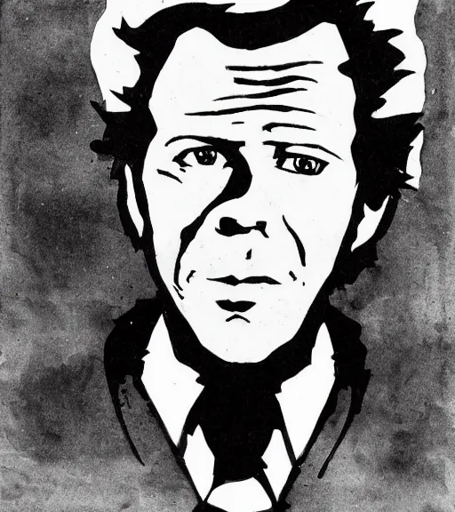 Image similar to portrait of Tom Waits by Mike Mignola, shaded ink illustration