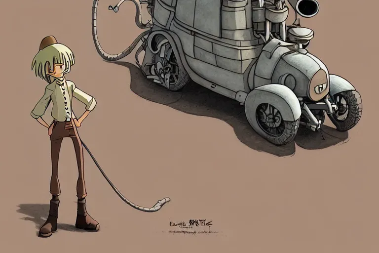 Image similar to a study of a cell shaded cartoon of a grey mechanized snake from howl's moving castle ( 2 0 0 4 ), on a desert road, full body, wide shot, very muted colors, post grunge, studio ghibli, laurie greasley, highly detailed, deviantart, art by artgem