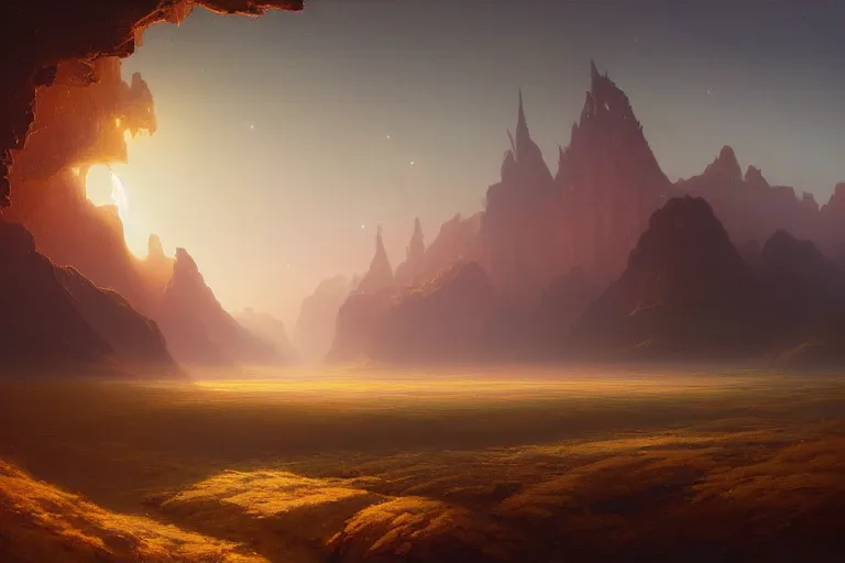 Image similar to a beautiful oil painting of serene alien landscape under the horizon line in the upper third by john howe and albert bierstadt and alena aenami and dan mumford and dave noton, unreal engine, trending on behance