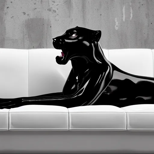 Prompt: a shiny black goo covered panther laying on a white couch in a living room, dripping black goo. digital art, photography, latex, reflective. highly detailed, 4 k, photograph