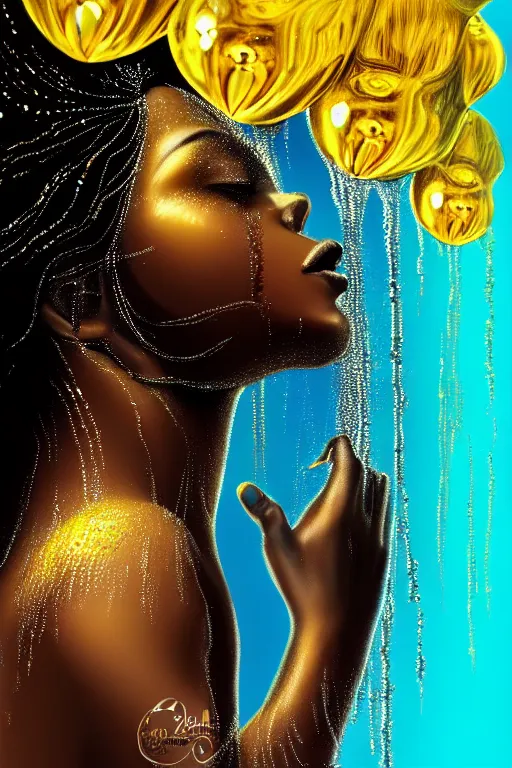 Image similar to hyperrealistic precisionist cinematic profile very expressive! black oshun goddess, in water! up to shoulders, mirror dripping droplet!, gold flowers, highly detailed face, digital art masterpiece, smooth eric zener cam de leon, dramatic pearlescent turquoise light on one side, low angle uhd 8 k, shallow depth of field