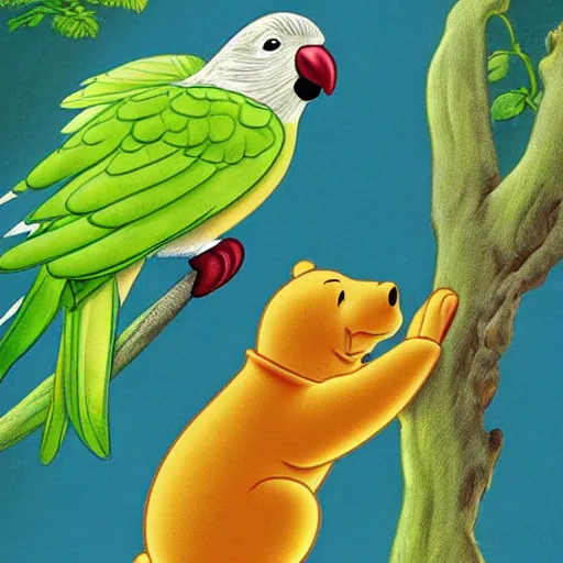Image similar to Winnie the Pooh as a parakeet, budgie bird, high resolution photo