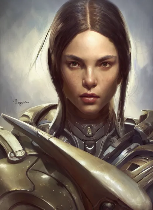 Image similar to a professional painting of a beautiful young female, clothed in military armor, olive skin, long dark hair, beautiful bone structure, symmetrical facial features, intricate, elegant, digital painting, concept art, smooth, sharp focus, illustration, from StarCraft by Ruan Jia and Mandy Jurgens and Artgerm and William-Adolphe Bouguerea