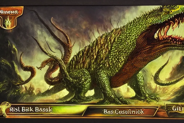 Image similar to a giant monster royal basilisk, gold green creature, magic : the gathering