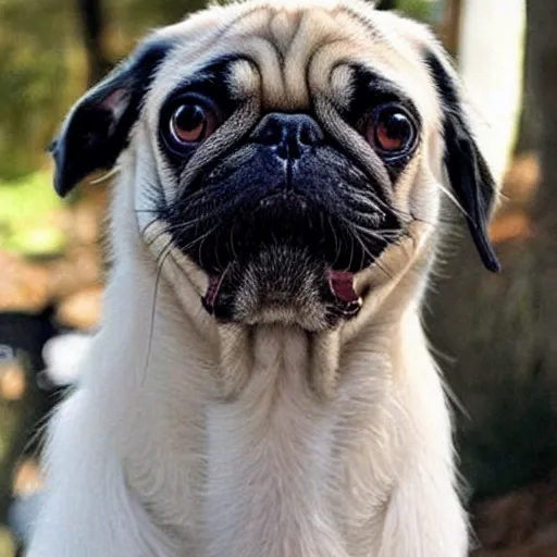 Prompt: pug dog and borzoi dog swap noses, funny dog photo, beautiful, strange