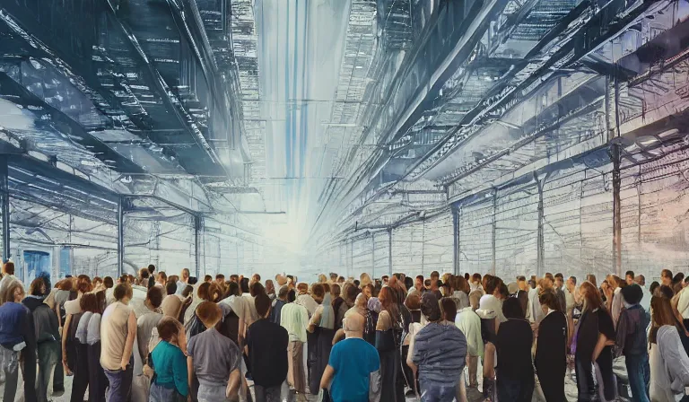 Image similar to large group people in a frame warehouse, looking at hologram of futuristic city on a table, cinematic concept art, godrays, golden hour, natural sunlight, 4 k, clear details, tabletop model buildings, foreground tabletop model, hologram center, crane shot, crane shot, crane shot