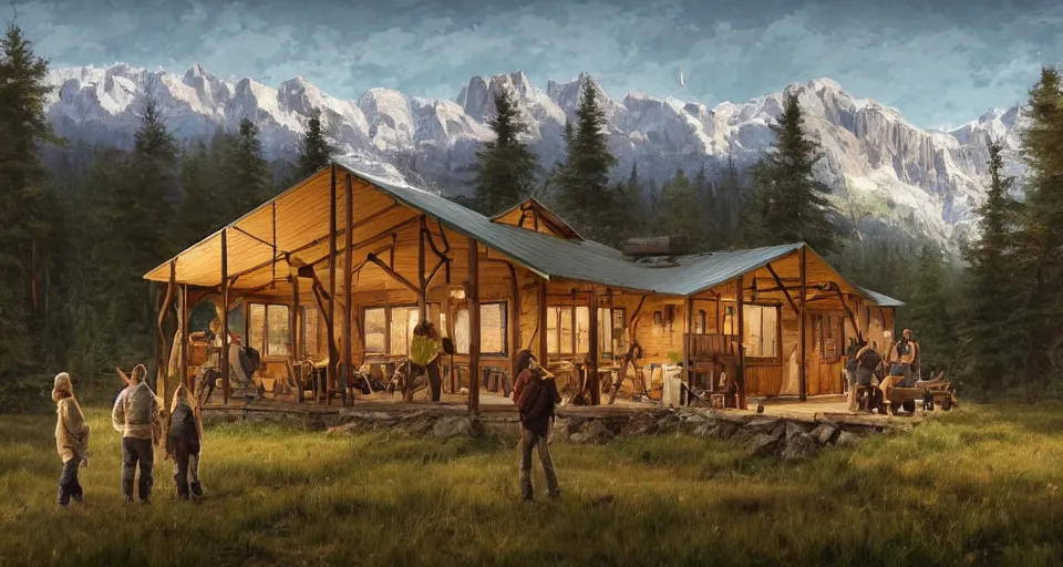 Image similar to cabela's beautiful comfortable modular pop - up insulated all terrain family dwelling, cabin,, person in foreground, mountainous forested wilderness open fields, beautiful views, painterly concept art, joanna gaines, environmental concept art, farmhouse, magnolia, concept art illustration, by james gurney, by craig mullins, by greg rutkowski trending on artstation