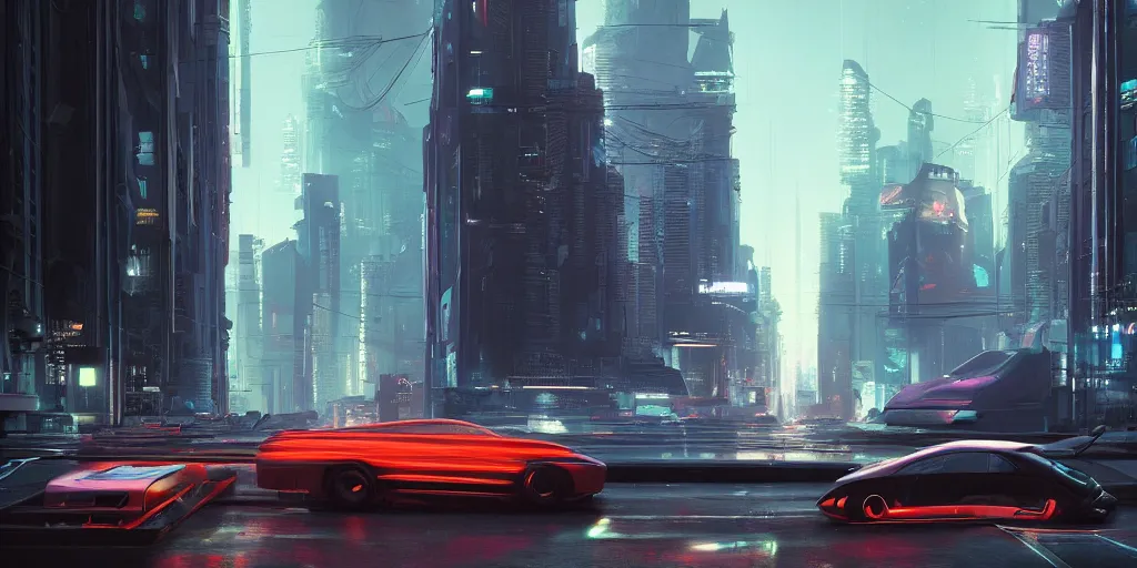 Image similar to a car driving down a street next to tall buildings, cyberpunk art by Vincent Lefevre, cgsociety, retrofuturism, matte painting, reimagined by industrial light and magic