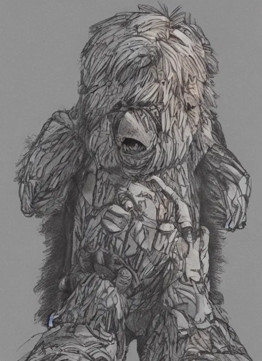 Image similar to beautiful little boy wearing an cyborg bear suit, artwork in kentaro miura and made in abyss and rosdraws, smooth, beautiful lightness, anatomically correct, trending on pixiv, forest