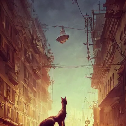 Image similar to gigantic cat walking on apocalyptic city, very detailed fine art, trend of artistation, style of kadinskyi and repin and greg rutkowski and ilia kuvshinov