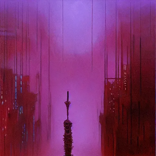 Image similar to purple cyberpunk city, by Beksinski