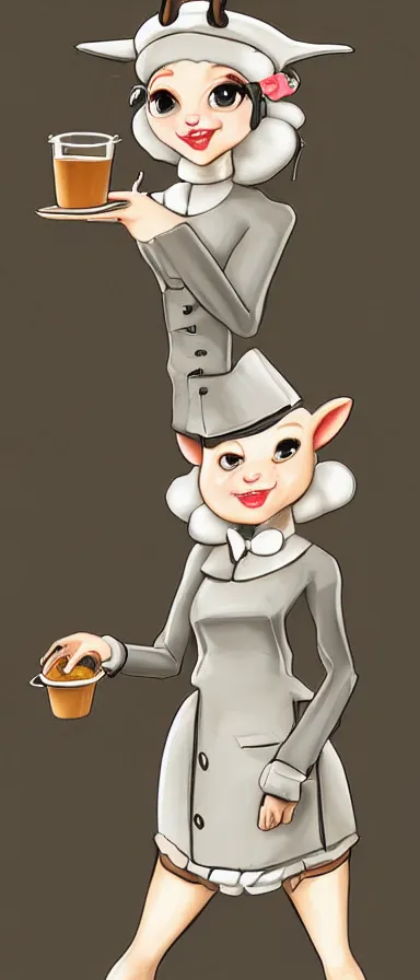 Image similar to beautiful female sheep anthropomorphic working as a waitress, digital art, cartoon, hyper detailed