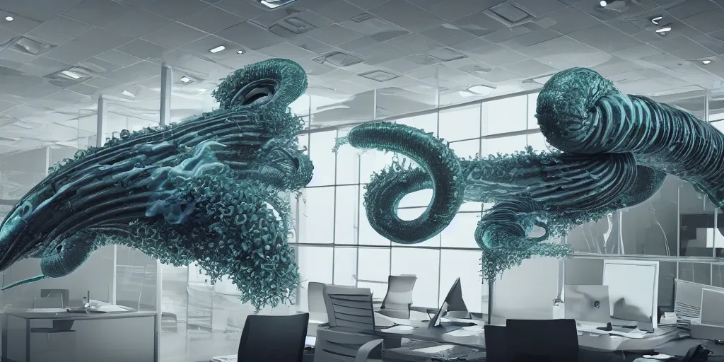 Prompt: A photo of an alien tentacle creature in a business corporate office, 4K, realistic