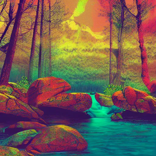 Prompt: a beautiful landscape, river, rocks, trees, by greg rutkowsi, glitch, glitchy, vhs, corrupted