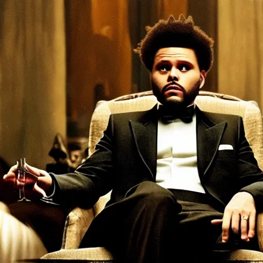 Prompt: Live Action Still of The Weeknd in The Godfather, real life, hyperrealistic, ultra realistic, realistic, highly detailed, epic, HD quality, 8k resolution, film still