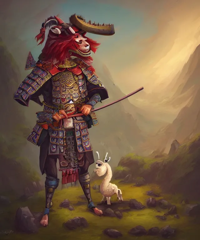 Image similar to anthropomorphic llama samurai eating sushi, samurai outfit, standing in a beautiful landscape, cute and adorable, dnd character art portrait, matte fantasy painting, deviantart artstation, by jason felix by steve argyle by tyler jacobson by peter mohrbacher, cinematic lighting