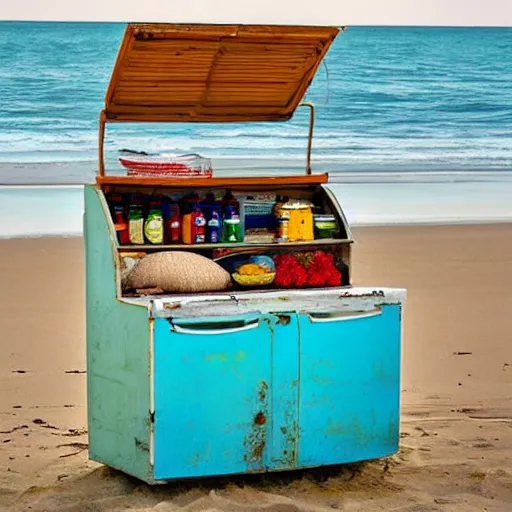 Prompt: refrigerator on the beach