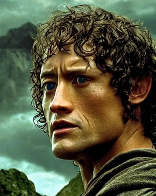 Image similar to film still close up shot of dwayne johnson as frodo baggins in the movie the lord of the rings. photographic, photography