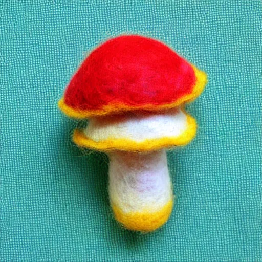 Prompt: a needle felted super mushroom power up, needle felting art.