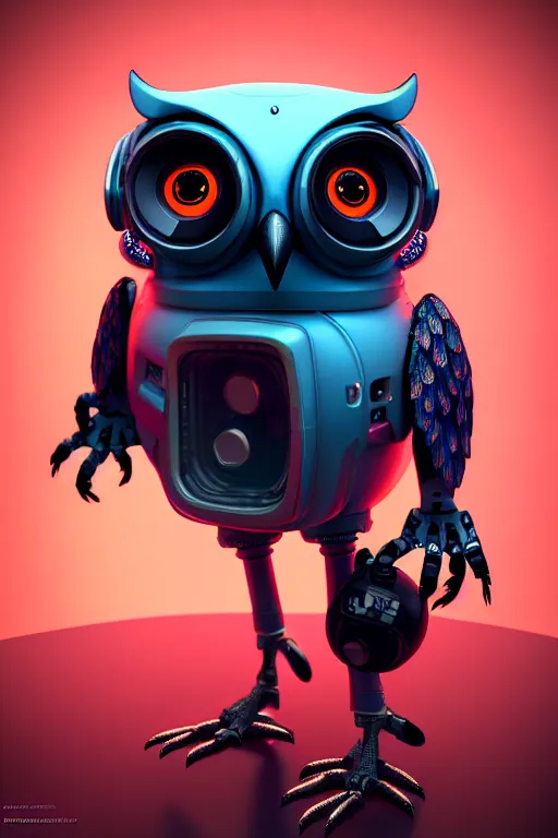 Image similar to high quality 3 d render very cute cyborg owl! with boombox!, cyberpunk highly detailed, unreal engine cinematic smooth, in the style of blade runner & detective pikachu, hannah yata charlie immer, moody light, low angle, uhd 8 k, sharp focus