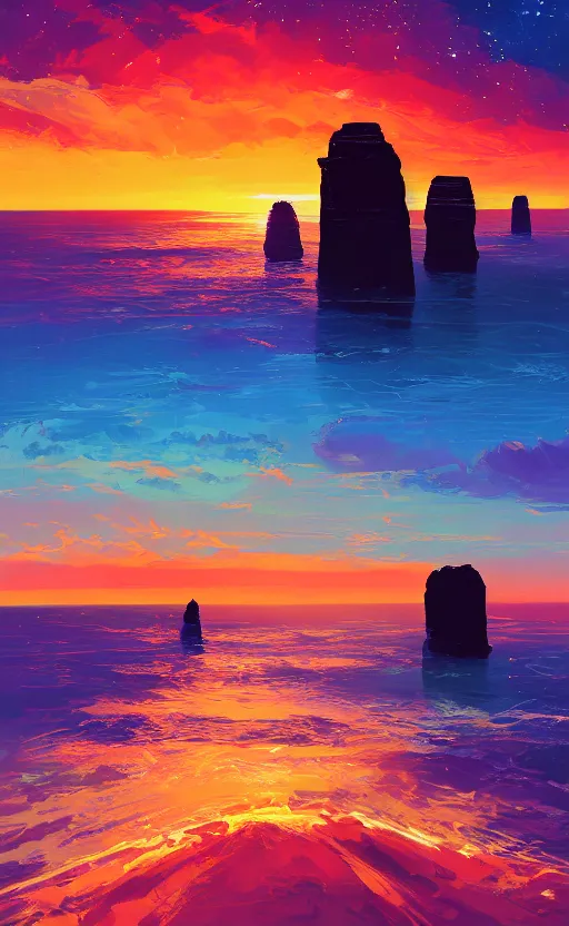 Image similar to a beautiful illustration of twelve apostles at sunset, art of alena aenami, featured on artstation, vertical orientation, paint brush strokes, expressionism, brushstroke - laden, breathtaking clouds, birds, ocean, beautiful stars, long exposure, gigantic sun, airy theme, red purple gradient, lens flare