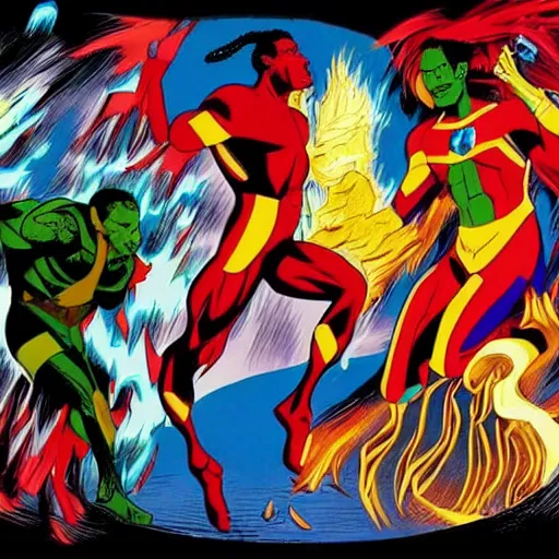 Image similar to epic scene hyper realistic version of captain planet, earth, wind, fire, love, light, fight, live action, awesome,