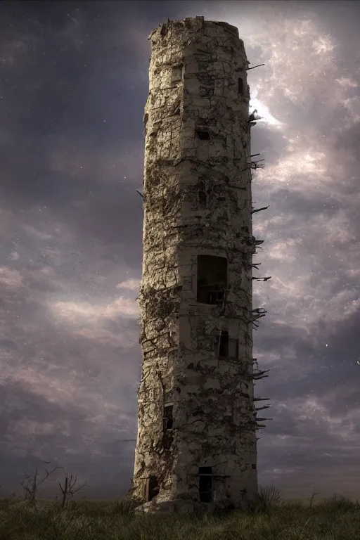 Image similar to an old decaying tower in the middle of a vast desert, fantasy, hyper realistic, atmospheric lighting, 8k,