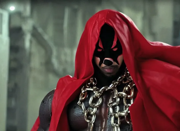 Image similar to film still of michael b jordan as spawn in the new spawn movie, giant chains, large cape, 8 k