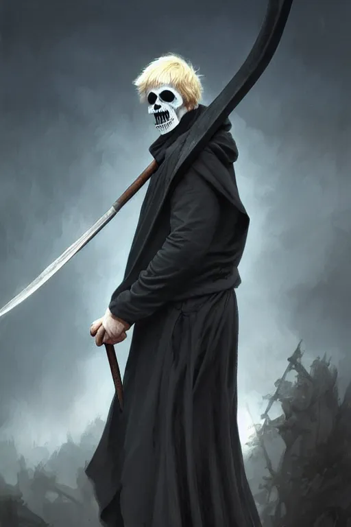 Image similar to Boris Johnson as Grim Reaper in a hood with a scythe, highly detailed, visible face, digital painting, artstation, concept art, smooth, sharp focus, illustration, cinematic lighting, art by artgerm and greg rutkowski and alphonse mucha