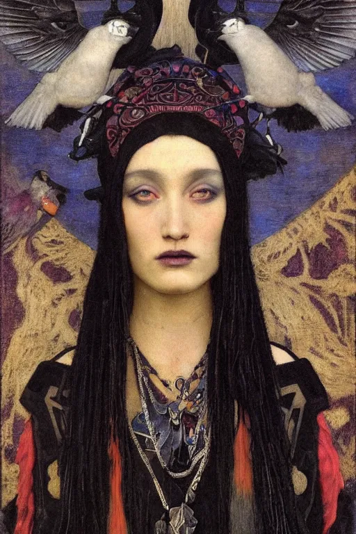 Prompt: a goth shaman with the head of a raven, by Annie Swynnerton and Nicholas Roerich and John Bauer and jean delville and John William Godward and Donato Giancola and Vermeer, black leather and embroidered velvet, iridescent beetles, rich color, dramatic cinematic lighting, featured on Artstation, extremely detailed