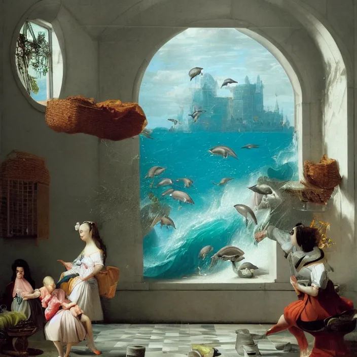 Image similar to pieter de hooch, dolphins, trending on artstation, highly detailed, vaporwave surreal ocean, dolphins, pool, checkerboard pattern underwater, cuastics, award winning masterpiece with incredible details, artstation, a surreal vaporwave vaporwave vaporwave vaporwave vaporwave painting by thomas cole of old pink marble mannequin head