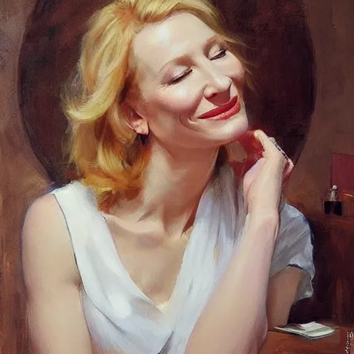 Image similar to cate blanchett in low-cut blouse in front of a mirror, painting by Vladimir Volegov