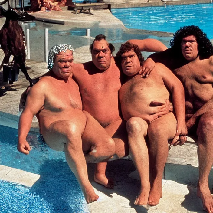 Prompt: andre the giant wearing a sequin speedo sitting by the pool with a goat and genghis khan from the movie bill & ted's excellent pool party, movie still, 8 k, realistic