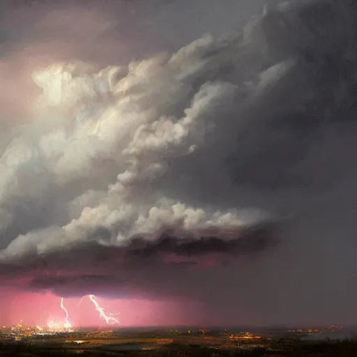 Image similar to a beautiful thunderstorm rolling over a small town, with the clouds illuminated slightly red, ominous, eerie, wayne barlow, craig mullins