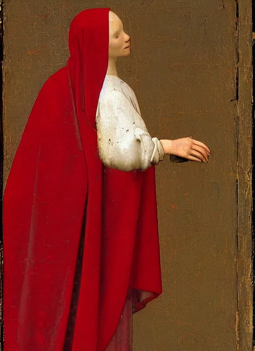 Image similar to Profile of Fallen Angel dressed in red, Medieval painting by Jan van Eyck, Johannes Vermeer, Florence