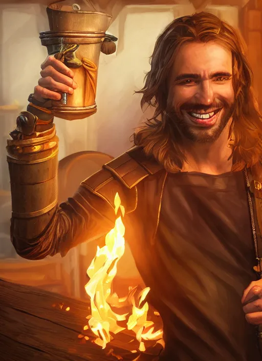 Image similar to An epic fantasy comic book style portrait painting of a handsome young man with brown wavey hair, wearing thief clothing in a tavern and smiling with a wooden tankard in hand, unreal 5, DAZ, hyperrealistic, octane render, cosplay, RPG portrait, dynamic lighting