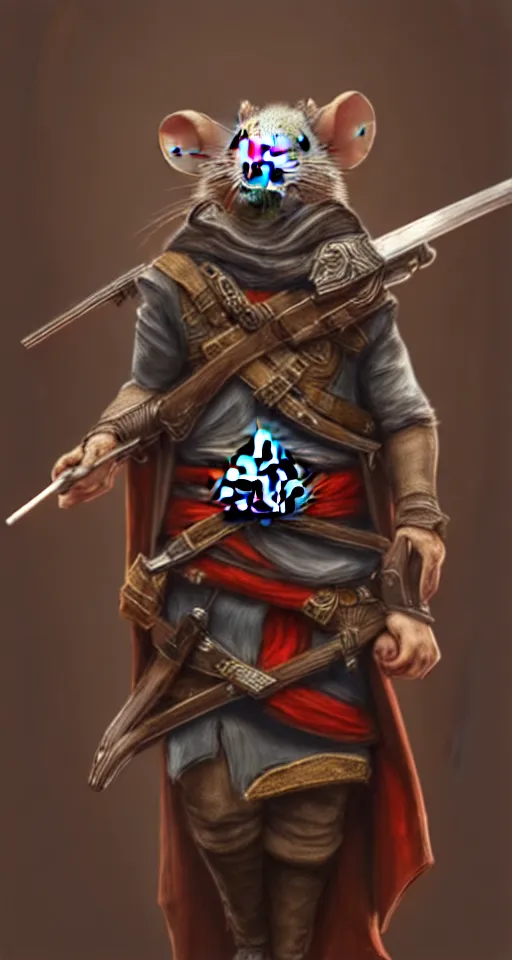 Prompt: illustration of a rat holding a wooden shotgun wearing assassins creed cape, intricate, elegant, highly detailed, centered, digital painting, artstation, concept art, smooth, sharp focus