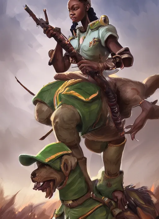 Prompt: a highly detailed illustration of cute african girl wearing military uniform and green officer cap riding on giant dog!!!, dramatic standing pose, perfect face, intricate, elegant, highly detailed, centered, digital painting, artstation, concept art, smooth, sharp focus, league of legends concept art, wlop