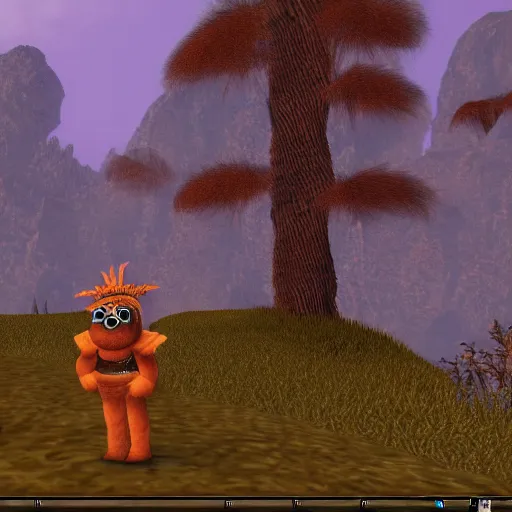 Image similar to bip bippadotta in morrowind, orange fuzzy muppet, screenshot