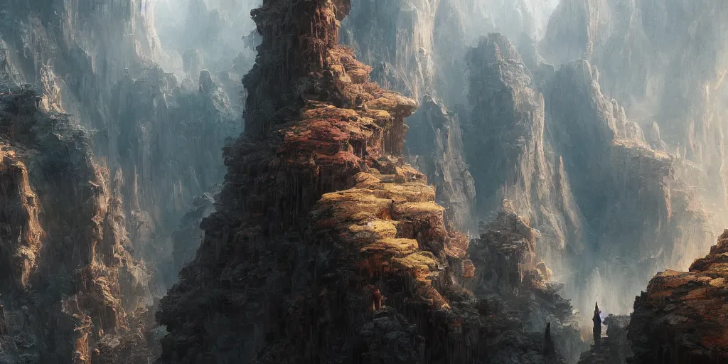 Prompt: fantasy painting of a cloudy canyon, intricate abstract. delicate artwork. by tooth wu, wlop, beeple, dan mumford. octane render, trending on artstation, greg rutkowski very coherent symmetrical artwork. cinematic, hyper realism, high detail, octane render, 8 k, depth of field, bokeh. chrome accents.