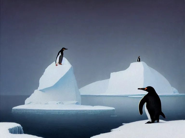 Image similar to an oil painting of a penguin playing in pure white snow on an iceberg in a serene ocean at dusk. aurora. by beksinski tuomas korpi moebius and carl spitzweg. baroque elements. intricate artwork by caravaggio. oil painting. oil on canvas. award winning. dramatic. trending on artstation. 8 k