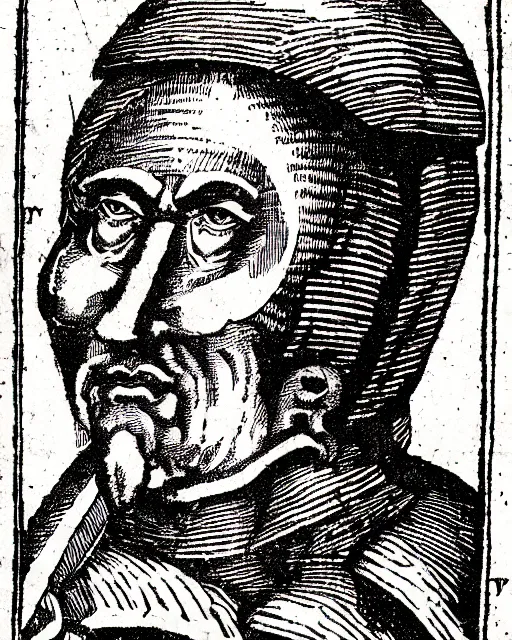 Image similar to b & w woodcut portrait of oprtimus prime from the nuremberg chronicle, 1 4 9 3, restored, hq scan