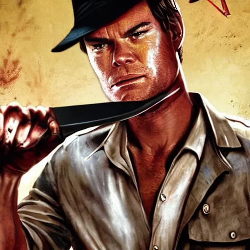 Image similar to dexter Morgan dressed as Indiana Jones throwing knives, realism