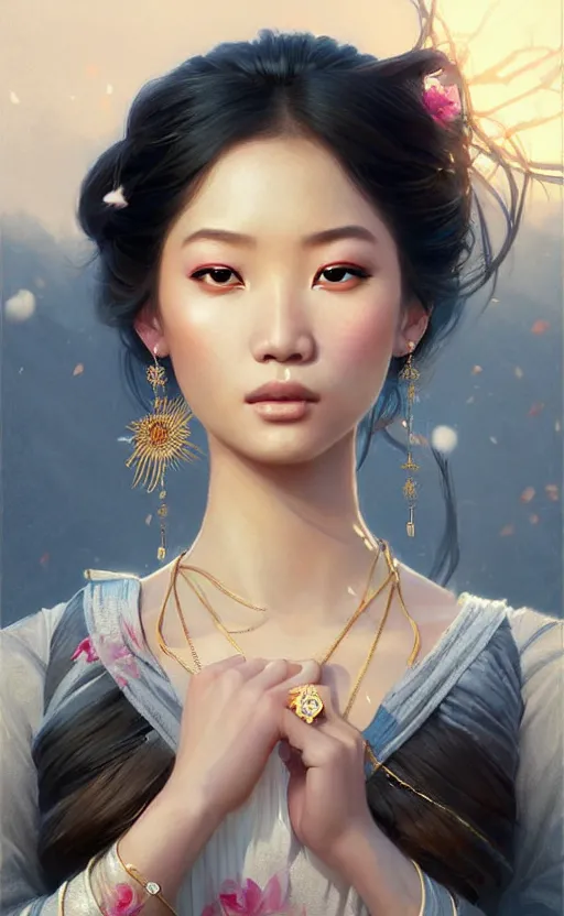 Image similar to a beautiful young charming asian goddess with sundress and jewelry | | winter, realistic shaded, unpleasant face, good looking, fine details, dior, lv, realistic shaded lighting poster by greg rutkowski, macoto takahashi, magali villeneuve, artgerm, jeremy lipkin and michael garmash