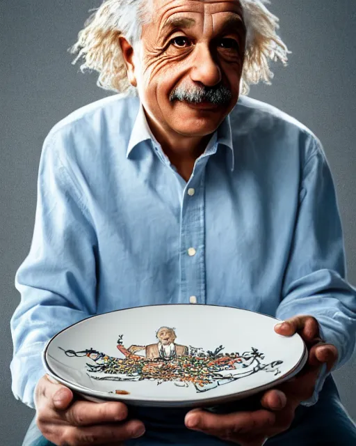 Image similar to a portrait of albert einstein sitting at the dining table with a plate containing string hopper in front of him, highly detailed, trending on artstation, bokeh, 9 0 mm, f / 1. 4