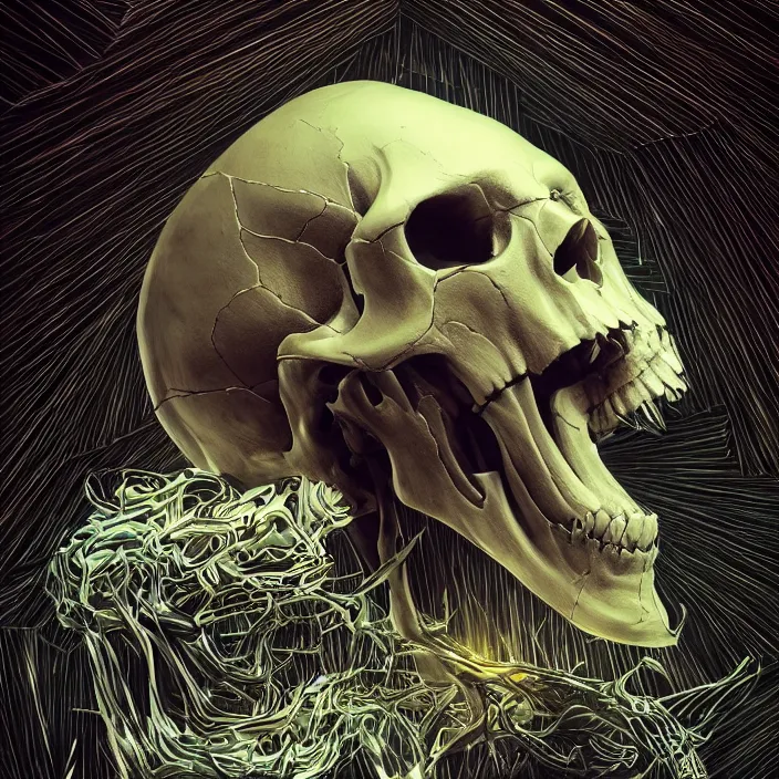 Prompt: portrait of a melting skull. razor sharp teeth. intricate abstract. intricate artwork. by Tooth Wu, wlop, beeple, dan mumford. octane render, trending on artstation, greg rutkowski very coherent symmetrical artwork. cinematic, hyper realism, high detail, octane render, 8k, iridescent accents