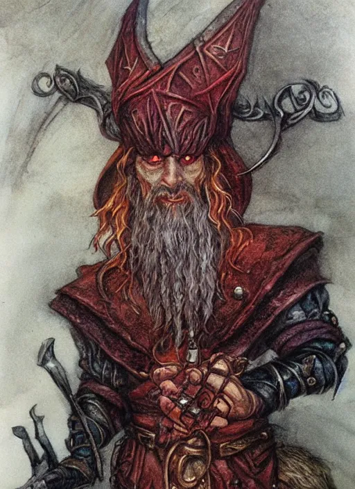 Image similar to portrait of dwarvern wizard, beautiful! coherent! dungeons and dragons character, by brian froud, strong line, deep color, leather armor, short red hair, high contrast