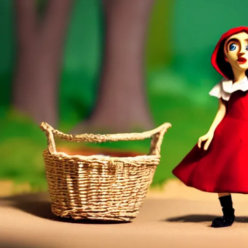 Image similar to a cinematic film still of a claymation stop motion film starring emma watson as little red riding hood, holding basket, shallow depth of field, 8 0 mm, f 1. 8